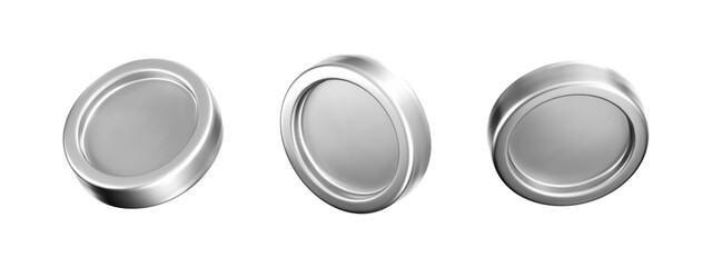 3D silver coin icon set with chrome metallic effect. Render of glossy chrome coins, game token, digital currency icon, casino chips or silver reward medals. Finance UI design. 3D vector illustration