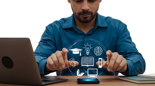 Man interacting with futuristic holographic interface displaying various icons and data