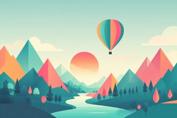 landscape with mountains and hot air balloon 