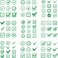 Collection of green check marks and tick symbols in circles and squares