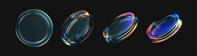 3D transparent glass holographic coin icons isolated on a dark background. Glass coins, digital currency, casino chips for finance dashboard, game interfaces or tech visuals. 3D vector illustration