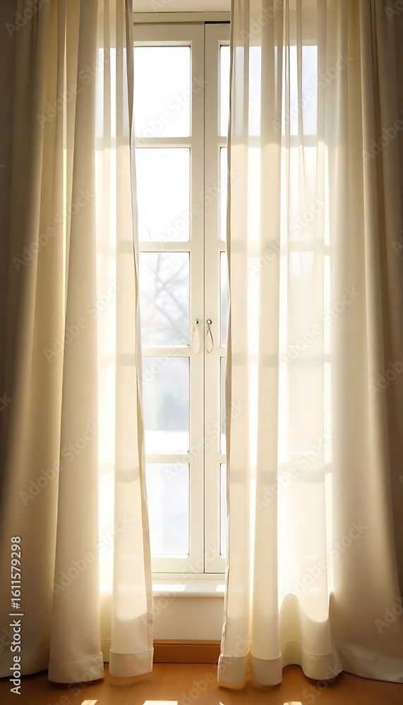 Poster generative ai: sunlight streams through sheer curtains, illuminating a window's subtle form