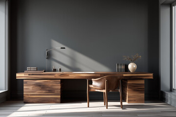 A sophisticated  home office features a  wooden desk, a  leather chair, and a modern lamp, illuminated by natural light against a dark wall, evoking sense of calm and focused work