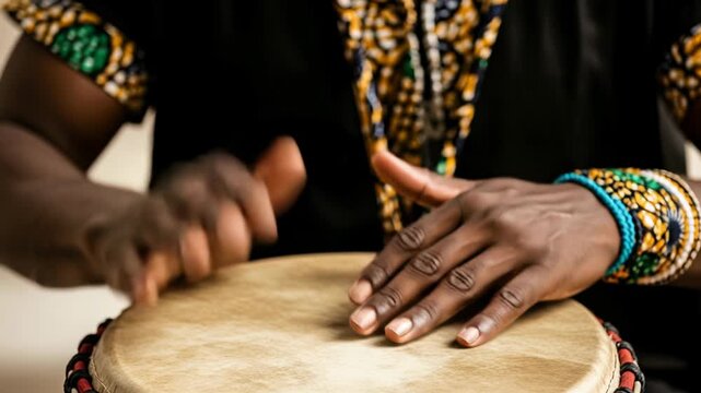 Drummer demonstrates rapid rhythms on djembe with striking hand movements and vibrant drumhead response