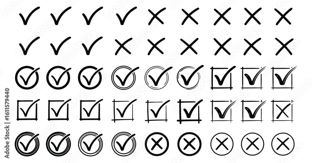Poster vector art of a collection of handdrawn check marks and crosses isolated on white background