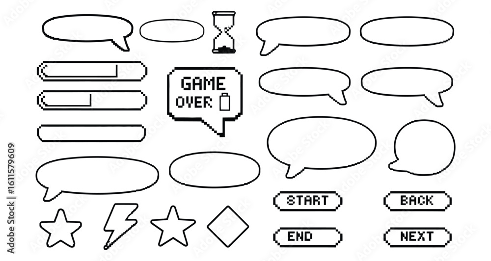 Poster vector art of a collection of pixel art game ui elements isolated on white background