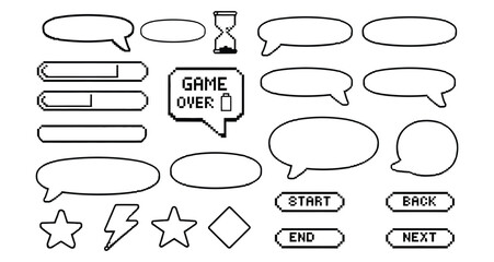 Vector art of a collection of pixel art game ui elements isolated on white background