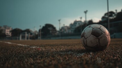 Weathered soccer ball rests on a grassy field near the sideline, with a blurred cityscape and goalposts in the background under a clear sky