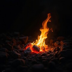 Close-up View of Burning Firewood over Black Rocks for Grill Cooking