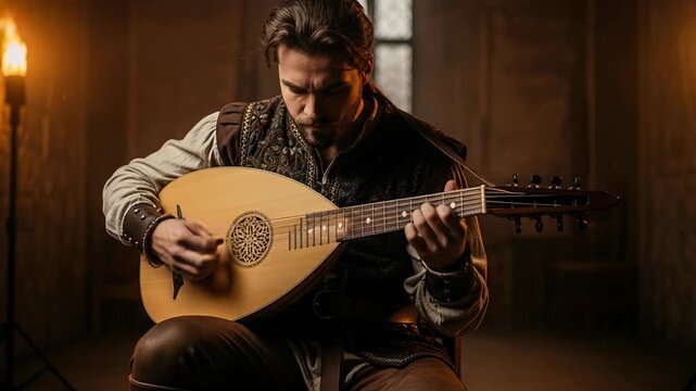 Medieval troubadour skillfully strumming lute with rapid finger movements in dark, atmospheric setting