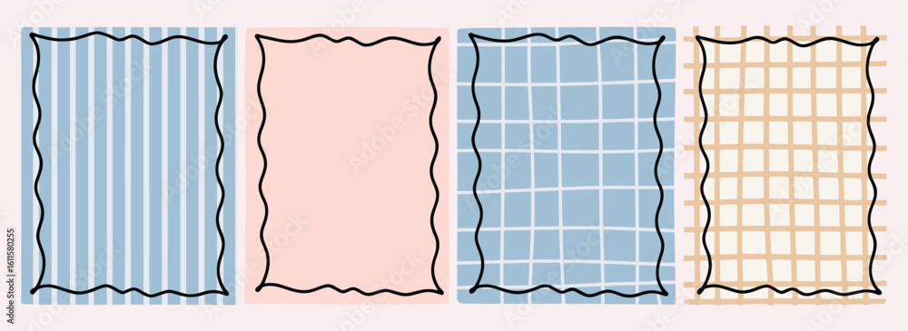 Poster vector art of a set of four handdrawn frames with various patterns and colors, perfect for adding a 