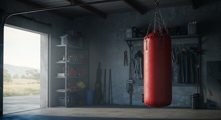 Heavy-Duty Red Punching Bag in Industrial Garage Gym Setting