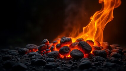 Close-up View of Burning Firewood over Black Rocks for Grill Cooking