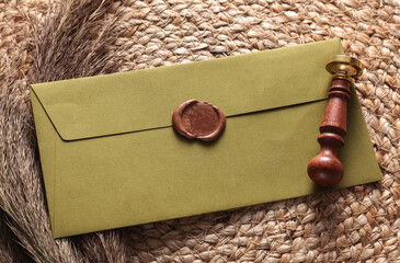 Vintage envelope with wax seal and stamp, dry grass on woven mat, Wedding invitation