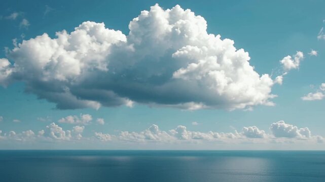 A single fluffy cumulus cloud perfectly crisp, slow-moving shadow infinite, glass smooth ocean. camera slowly zooms time distorts sun remains fixed while cloud spins subtly like a celestial clock 4k