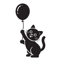 Cute cat Kite Holding a Balloon Black Silhouette Illustration
