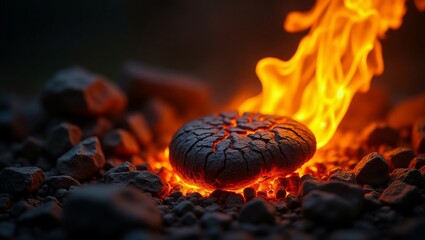Close-up View of Burning Firewood over Black Rocks for Grill Cooking