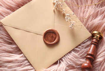 Vintage envelope with wax seal and stamp, dry grass on pink fluffy background, Wedding invitation