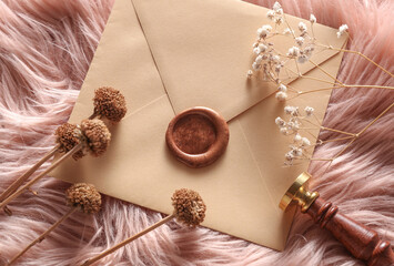 Vintage envelope with wax seal and stamp, dry grass on pink fluffy background, Wedding invitation