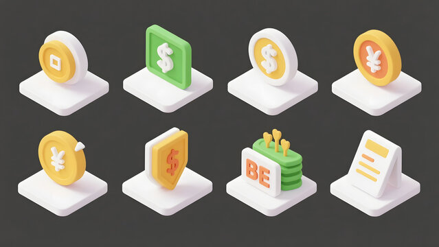 A modern collection of 3D isometric financial icons representing currency, secure transactions, and digital banking for fintech applications.