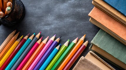 Colorful pencils and books on a dark surface.