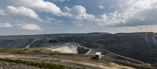Panoramic view of the Canadian Malartic open-pit gold mine in Quebec. The stepped terraces, dusty...