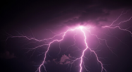 A powerful lightning bolt strikes through a dark, stormy sky, illuminating the clouds with a vibrant, electric purple glow.