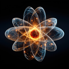 Macro Photo of Glowing Atomic Nucleus with Orbiting Electrons on Black Background – Quantum Energy Concept, Particle Physics Visualization, Nuclear Science Abstract