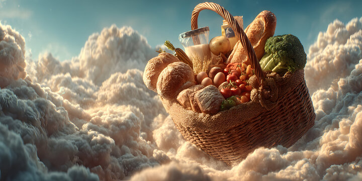 Picnic Basket in the Sky: A rustic picnic basket, brimming with fresh produce, floats serenely amongst the clouds, a surreal and appetizing composition.