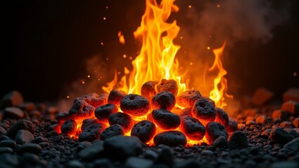 Close-up View of Burning Firewood over Black Rocks for Grill Cooking