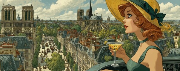 Elegant woman enjoying a cocktail with a scenic Parisian backdrop
