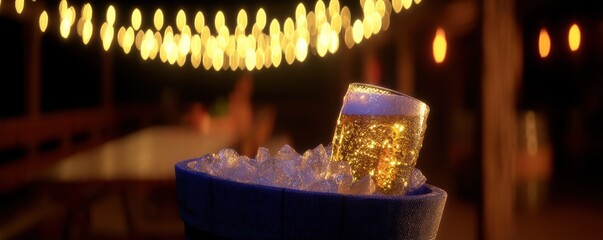 Cold glass of beer sits in a bucket of ice reflecting yellow string lights against a blurred dark background