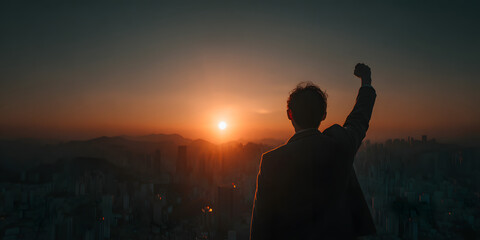 Sunset Triumph: A silhouette of a person stands triumphantly atop a cityscape, their fist raised high against the fiery backdrop of a setting sun, a symbol of ambition and triumph.