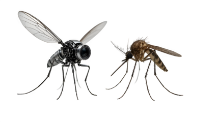 Miniature Mosquito Drone Next to Real Insect — Transparent Background Cutout