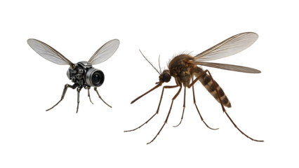 Miniature Mosquito Drone Next to Real Insect — Transparent Background Cutout