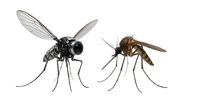 Miniature Mosquito Drone Next to Real Insect — Transparent Background Cutout