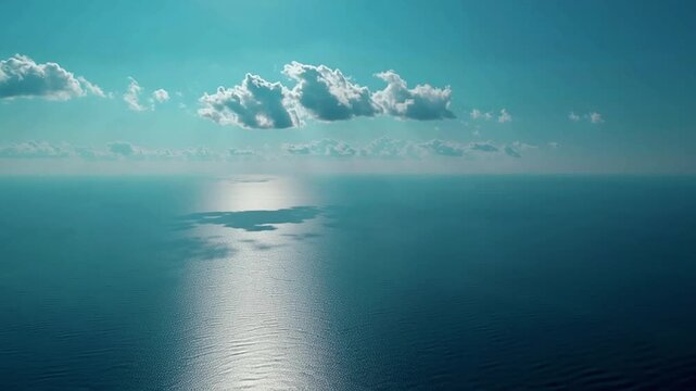 solitary cloud shadow endless calm ocean, top-down drone view, bright sunlight, minimalistic vast empty sea, 4K cinematic subtle ocean waves, existential mood, long aerial tracking shot