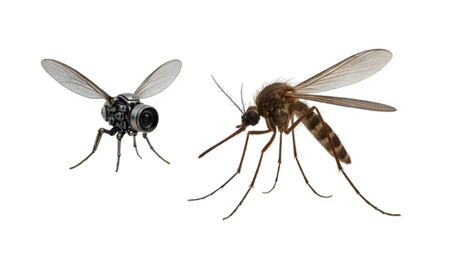 Miniature Mosquito Drone Next to Real Insect — Transparent Background Cutout