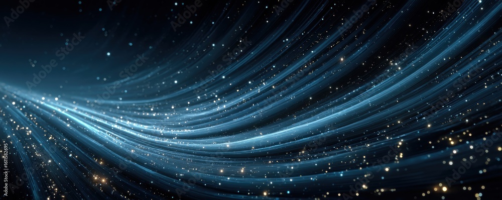 Poster dynamic blue light beams with sparkling particle effects in motion