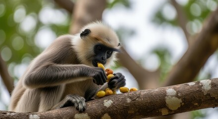 Obraz premium A playful monkey eating ripe fruits while perched on a tree branch in a lush green forest