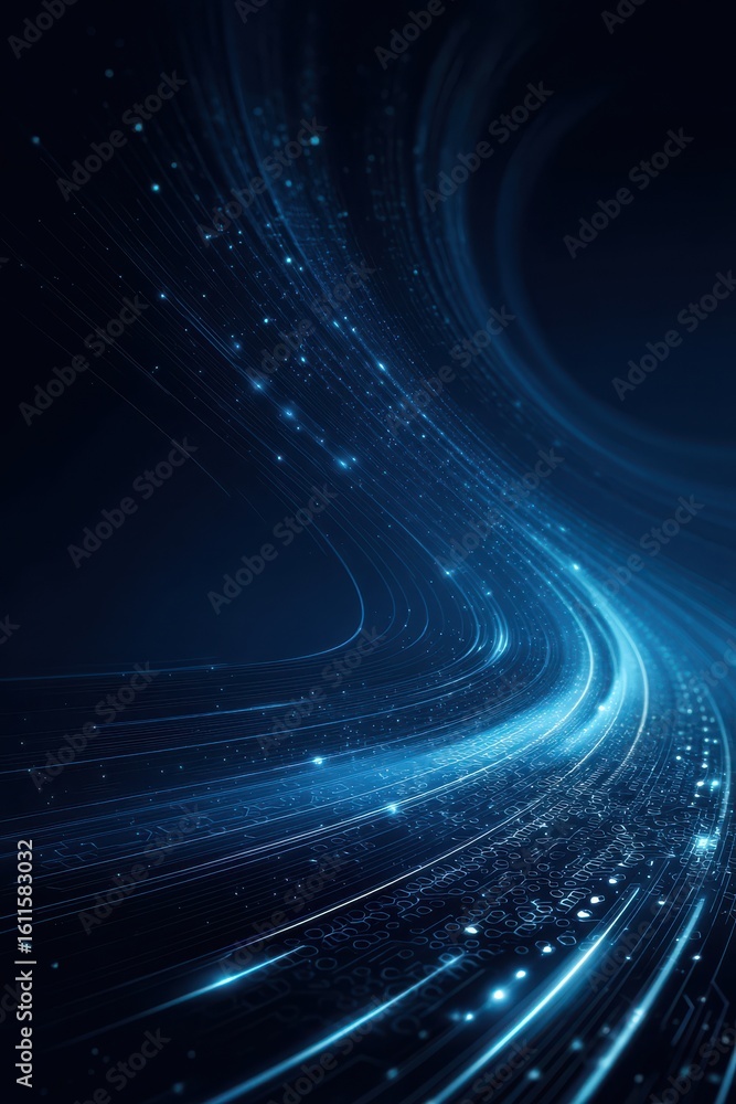 Poster abstract digital blue background with flowing data pathways and glowing points