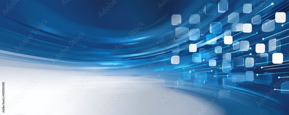 Poster abstract blue background with flowing curves and geometric square elements