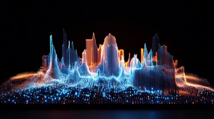 Abstract cityscape skyline rendered in glowing blue and orange particles on black background.