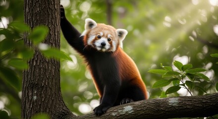 A red panda perched on a tree branch, surrounded by lush greenery and soft sunlight filtering through