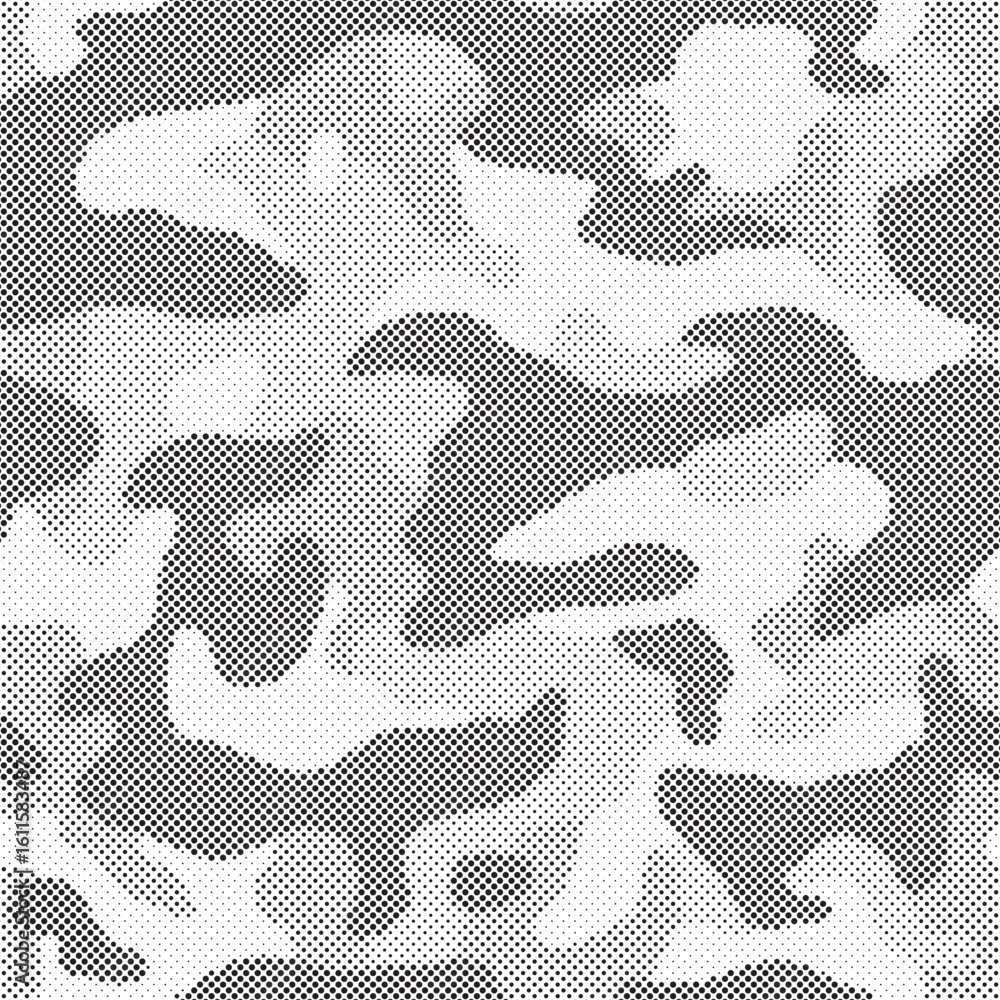 Poster abstract halftone seamless camouflage pattern. repeating digital dotted hexagonal camo military text