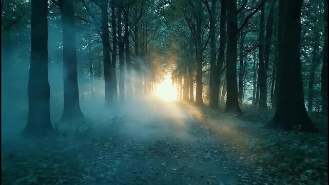 Cinematic shot moving along a path through a dark, misty forest towards a bright, ethereal light.