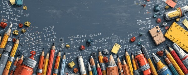 Creative school supplies against a chalkboard with math equations foreground