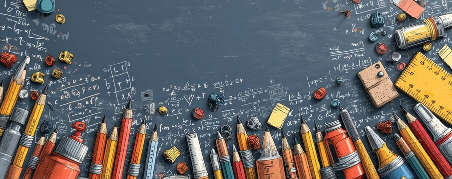 Creative school supplies against a chalkboard with math equations foreground