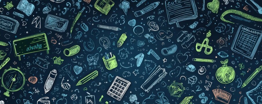 Colorful doodle pattern of education elements on a dark blue background
