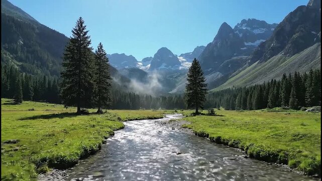 Idyllic summer day moving along a clear mountain stream in a lush green valley with the Alps in the background.
